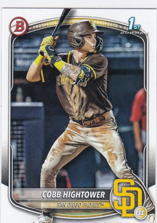 Baseball card featuring Cobb Hightower 1st Bowman San Diego Padres 2025 Bowman Prospect