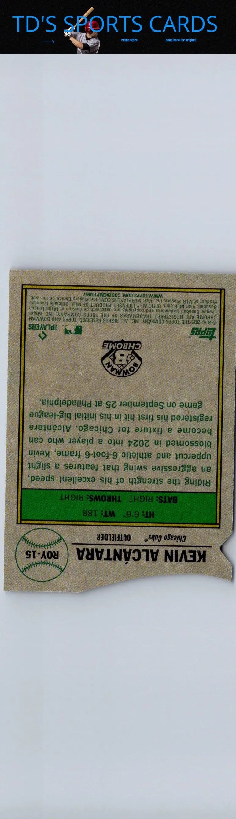 Baseball card back of Kevin Alcántara 2025 Bowman Favorites Mojo Refractor