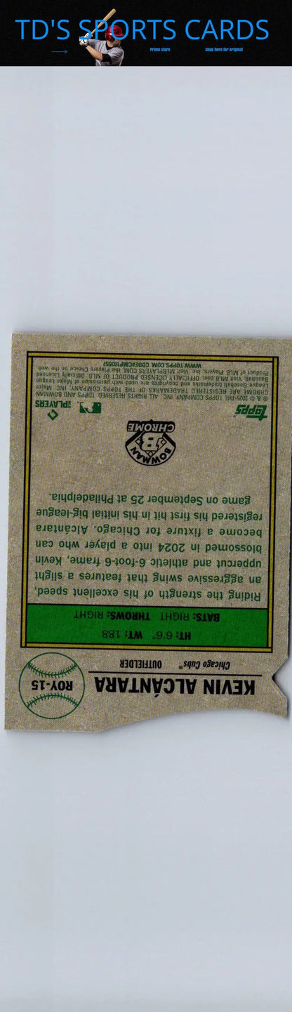 Baseball card back of Kevin Alcántara 2025 Bowman Favorites Mojo Refractor