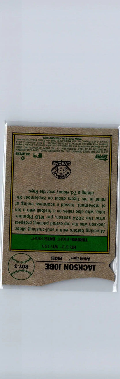 2025 Bowman Jackson Jobe Rookie of the Year Favorites baseball card featuring Jackson Jobe