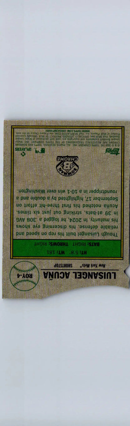 Back of 2025 Bowman Luisangel Acuña Rookie of the Year Favorites Mojo Refractor card