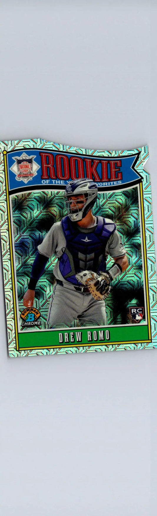 Drew Romo rookie card 2025 Bowman Year Favorites Mojo Refractor displayed