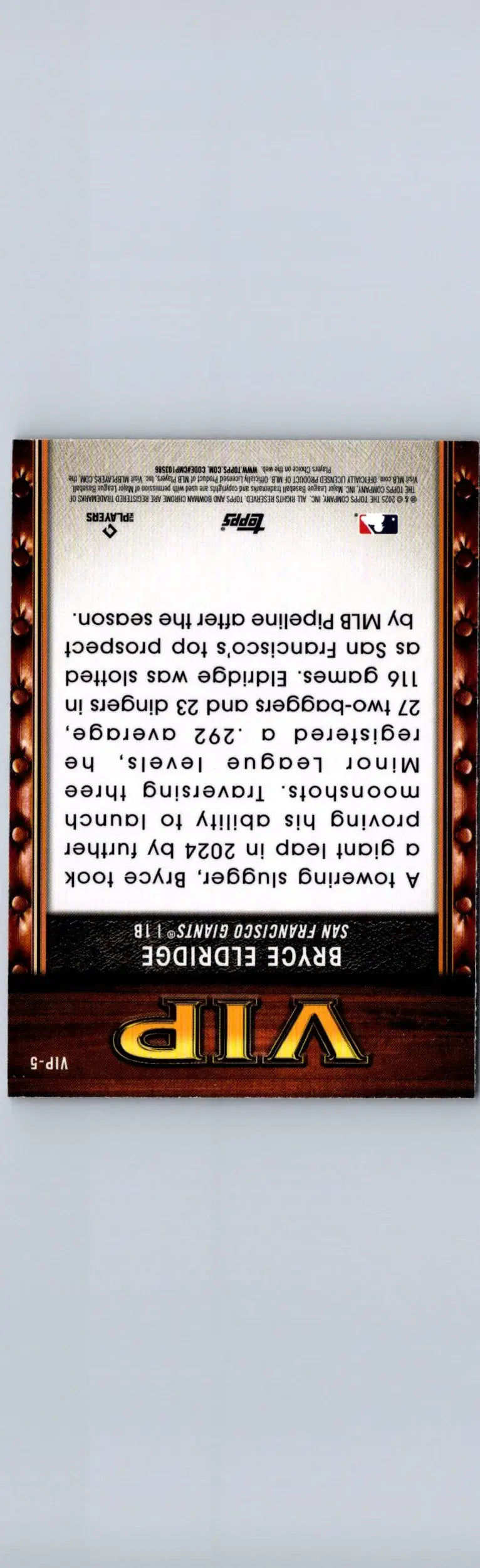 Baseball card back of Bryce Eldridge from 2025 Bowman prospects mojo refractor