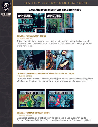 Promotional page for Cryptozoic Batman Hush trading card box featuring Batman Hush essentials