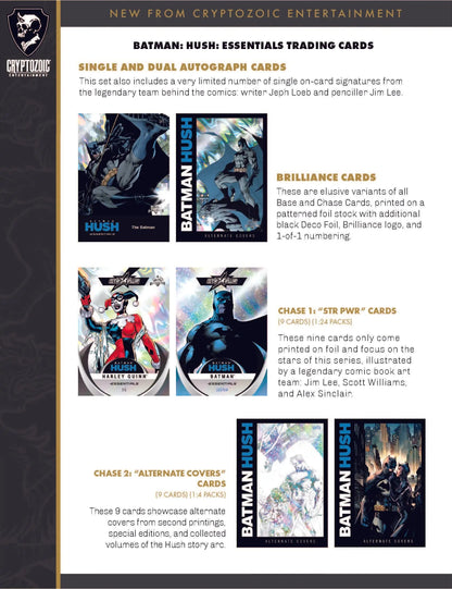 Promo page for Batman Hush Essentials trading card box featuring Cryptozoic Batman Hush designs