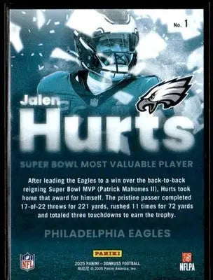Football trading card featuring Jalen Hurts as Super Bowl MVP from 2025 Donruss