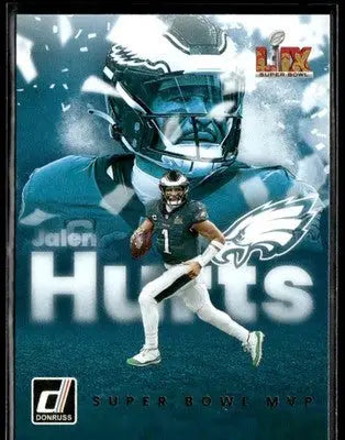 Jalen Hurts Philadelphia Eagles Super Bowl MVP trading card from 2025 Donruss series