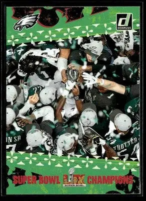 Donruss NFL trading card featuring Philadelphia Eagles Super Bowl LIX Champions