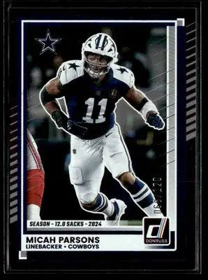Football trading card featuring Micah Parsons in Dallas Cowboys uniform from 2025 Donruss