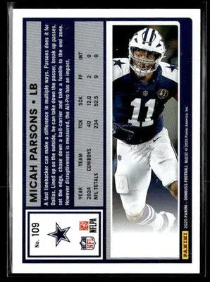 Back of a football trading card featuring Micah Parsons of the Dallas Cowboys