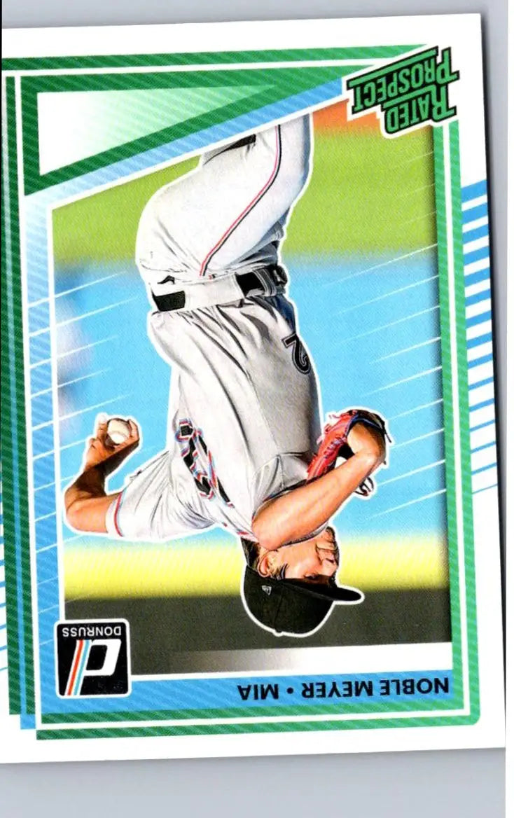 Upside-down 2025 Donruss Noble Meyer baseball trading card in pitching pose