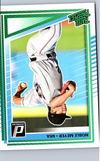 Upside-down 2025 Donruss Noble Meyer baseball trading card in pitching pose