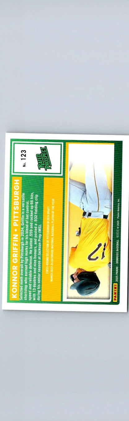 Baseball trading card for Konnor Griffin with yellow and green design from 2025 Donruss