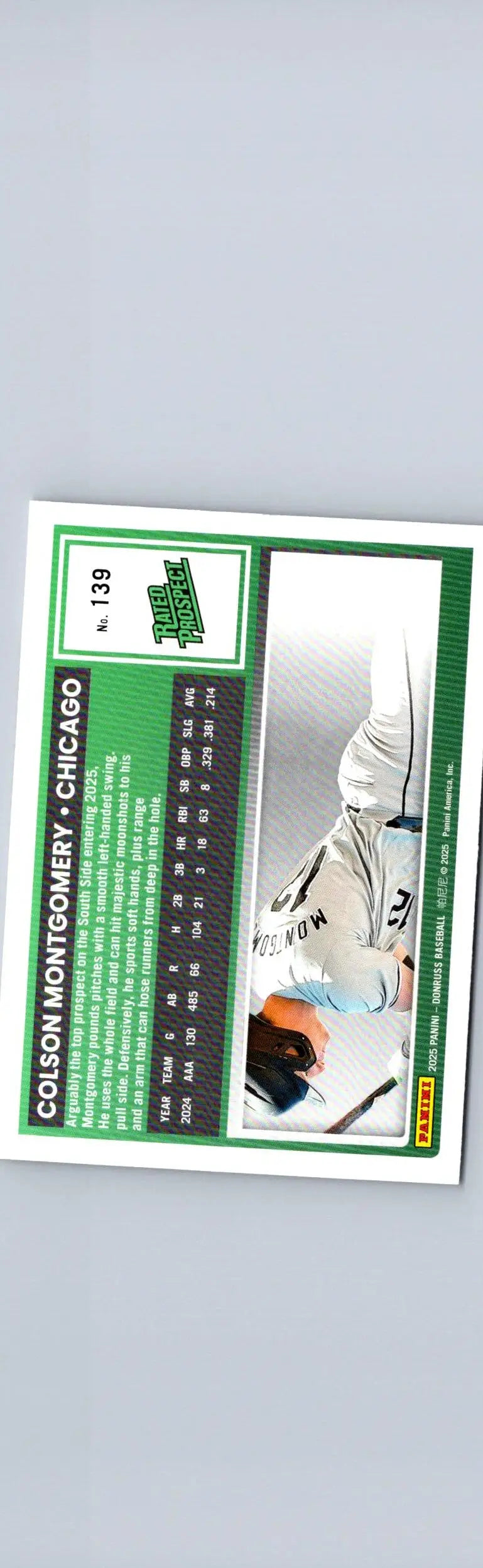 Back of 2025 Donruss Colson Montgomery Chicago White Sox baseball trading card