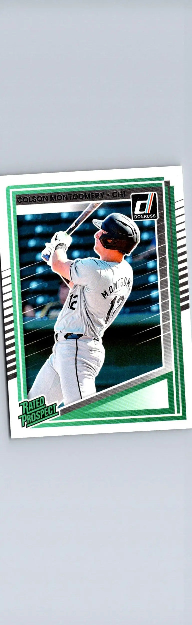 Baseball trading card of Colson Montgomery in batting stance with Rated Rookie label