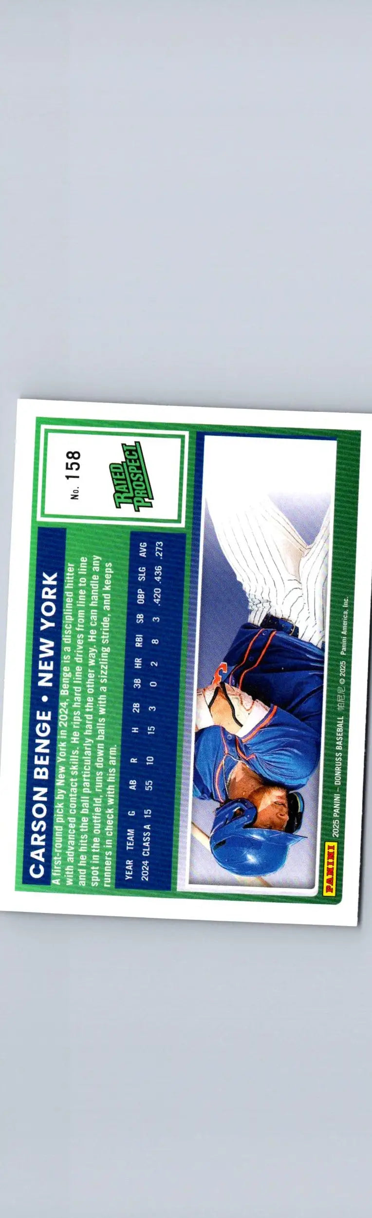 Back of 2025 Donruss Carson Benge RC baseball card with career stats of Carson Benge