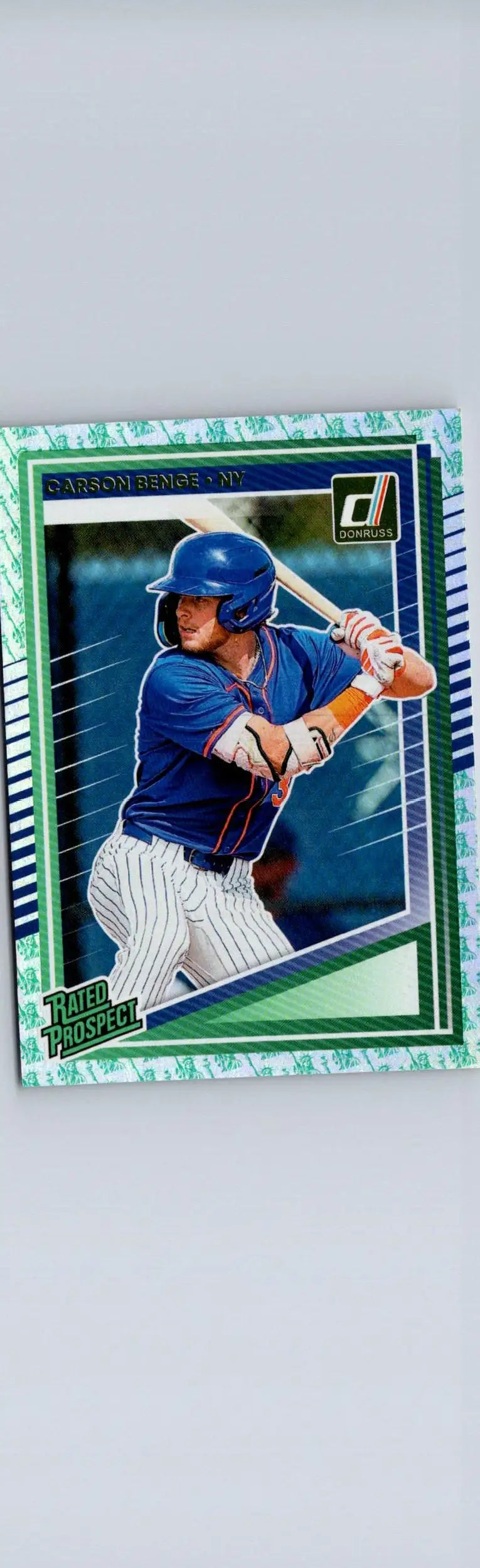 Baseball trading card featuring Carson Benge in a blue uniform with green and silver border