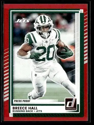 2025 Donruss Breece Hall Press Proof Red football trading card featuring player in white and green uniform