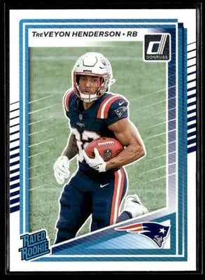 Football trading card featuring TreVeyon Henderson in New England Patriots rated rookies uniform