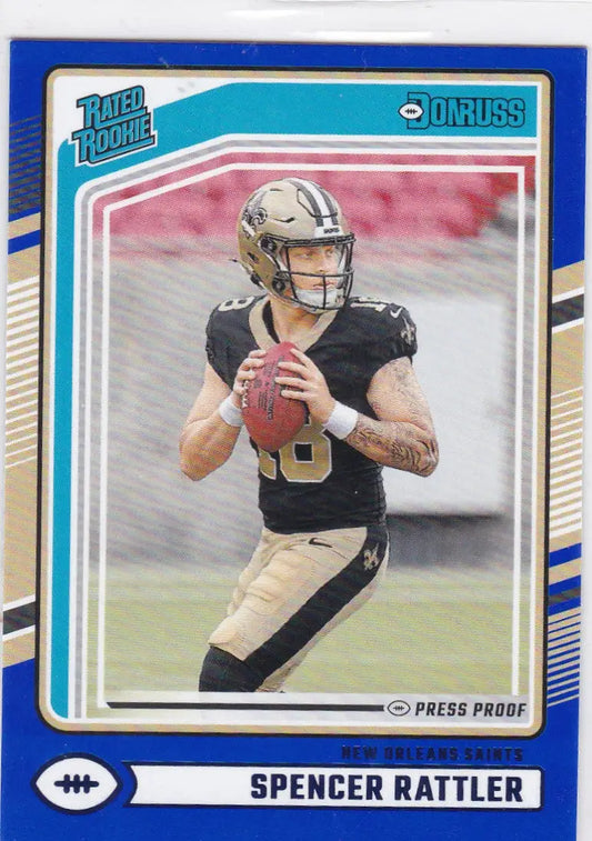 Football trading card featuring Spencer Rattler Blue Press Proof Rated Rookie Saints