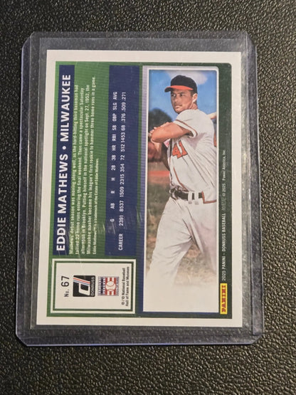 Baseball trading card of Eddie Mathews Green from 2025 Donruss #67 Mathews Green