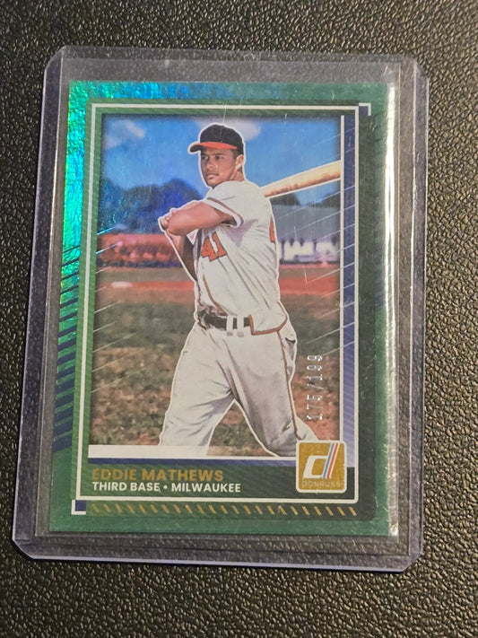 Eddie Mathews green baseball card from 2025 Donruss #67 with green border and limited edition