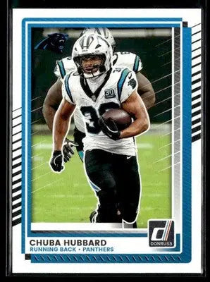 2025 Donruss Chuba Hubbard football trading card featuring Carolina Panthers player