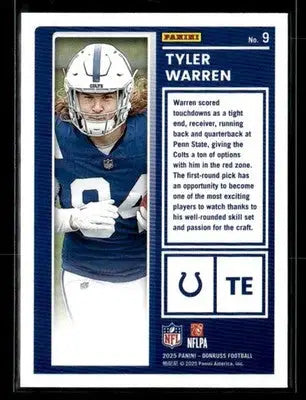 Football trading card featuring Tyler Warren of the Indianapolis Colts from 2025 Donruss