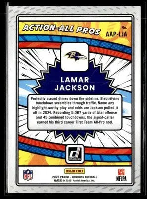 Football trading card featuring Lamar Jackson of the Baltimore Ravens from 2025 Donruss