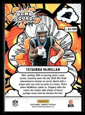 2025 Donruss Tetairda McMillan Bomb Squad football card featuring Carolina Panthers player