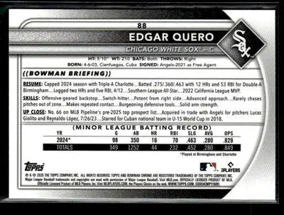 Baseball trading card of Edgar Quero from 2025 Donruss Chrome Red RC Redemption Refractor