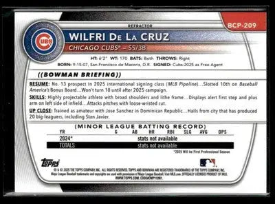 Back of 2025 Donruss Chrome Wilfri De La Cruz Cubs trading card refractor #126/499