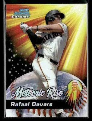 2025 Donruss Chrome Rafael Devers Meteoric Rise baseball card in batting pose