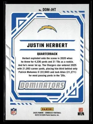 Back of Justin Herbert football trading card from 2025 Donruss Los Angeles Chargers set