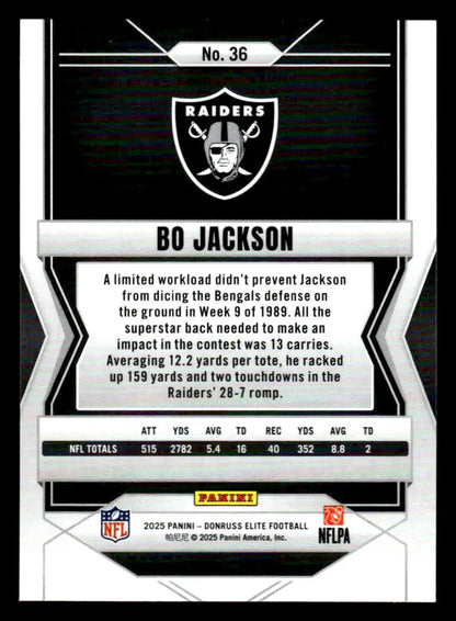 2025 Donruss Elite Bo Jackson football card featuring Los Angeles Raiders player