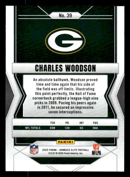 Back of 2025 Donruss Elite Charles Woodson football card with career stats, Green Bay Packers