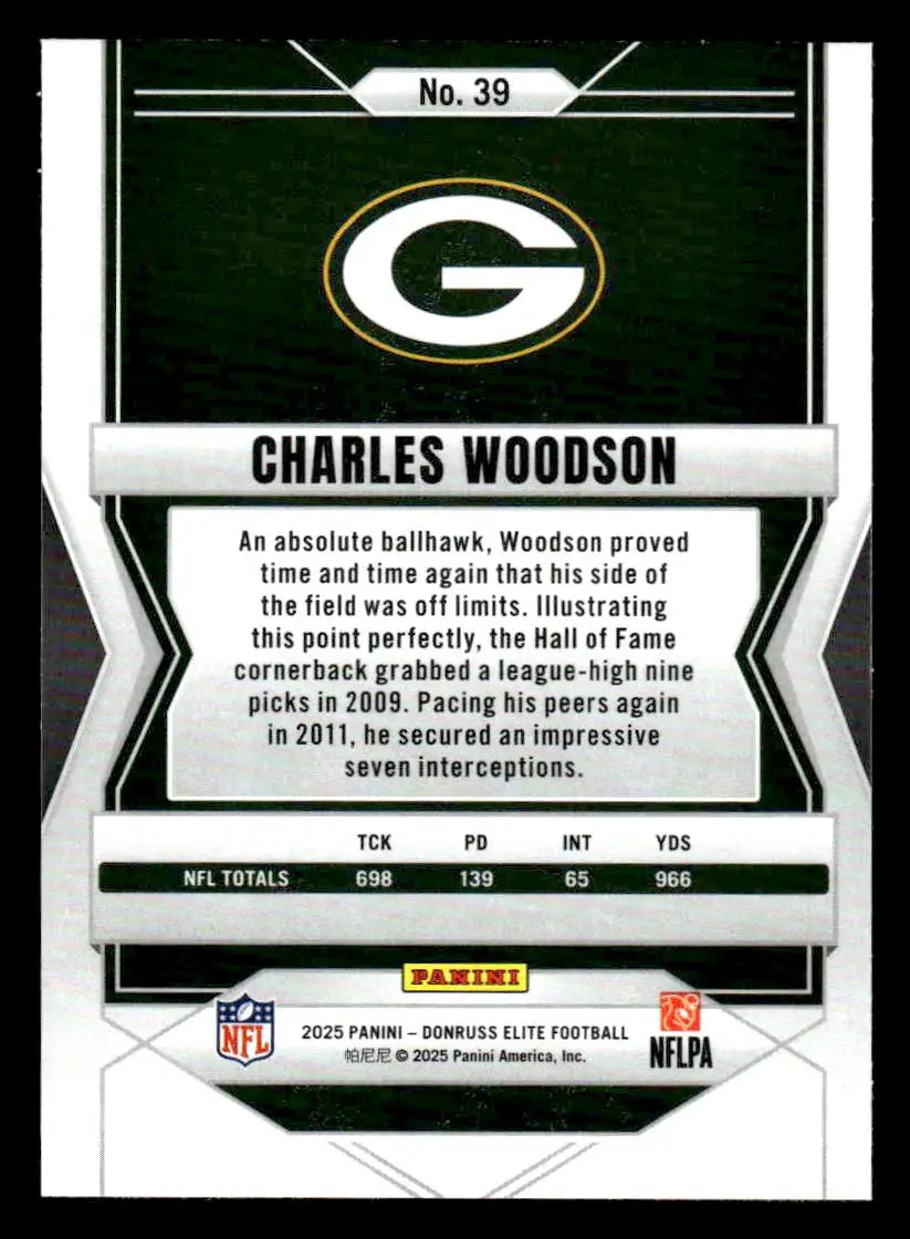 Football trading card featuring Charles Woodson from 2025 Donruss Elite Green Bay Packers