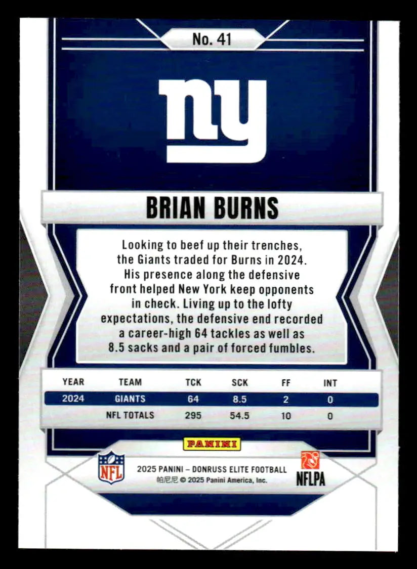 Reverse side of 2025 Donruss Elite Brian Burns football trading card featuring York Giants