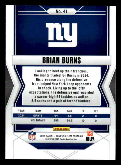Reverse side of 2025 Donruss Elite Brian Burns football trading card featuring York Giants