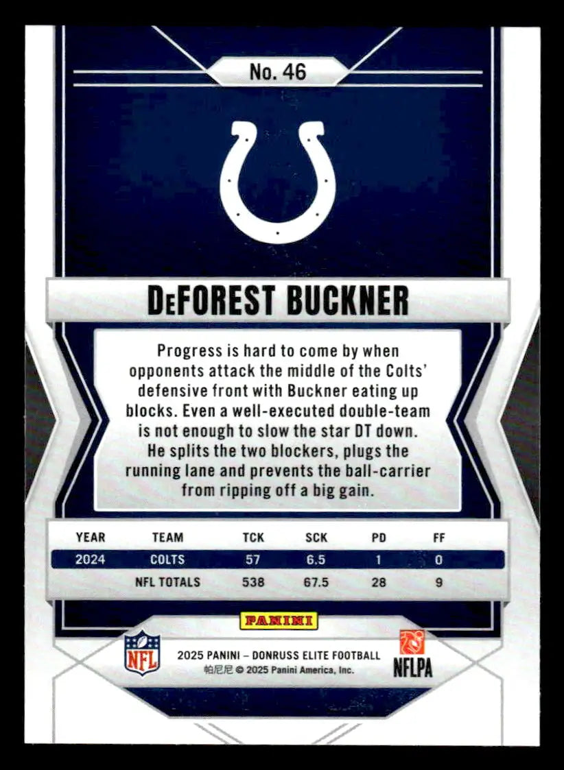 Back of a DeForest Buckner 2025 Donruss Elite football trading card featuring Indianapolis Colts