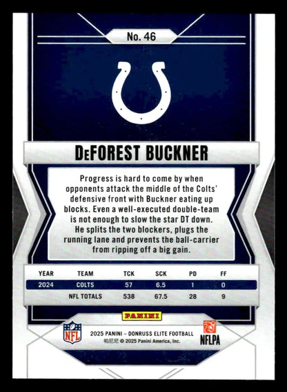 Back of a DeForest Buckner 2025 Donruss Elite football trading card featuring Indianapolis Colts