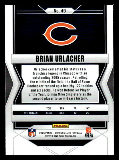 Back of a Brian Urlacher Chicago Bears Donruss Elite football card 2025 Donruss Elite #49