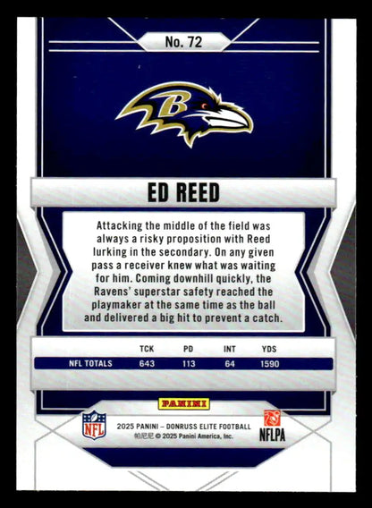 Back of Ed Reed Baltimore Ravens Donruss Elite football card from 2025 Donruss Elite series