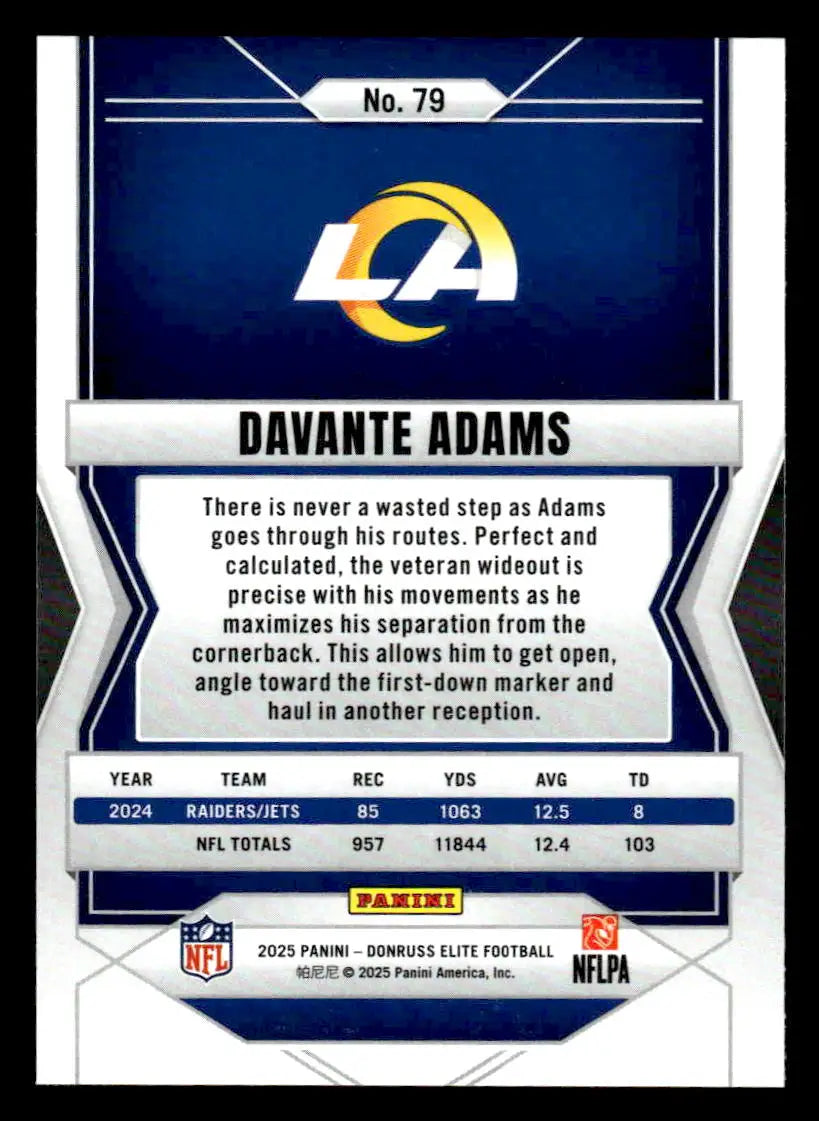 Collectible Davante Adams football card from 2025 Donruss Elite featuring Los Angeles Rams