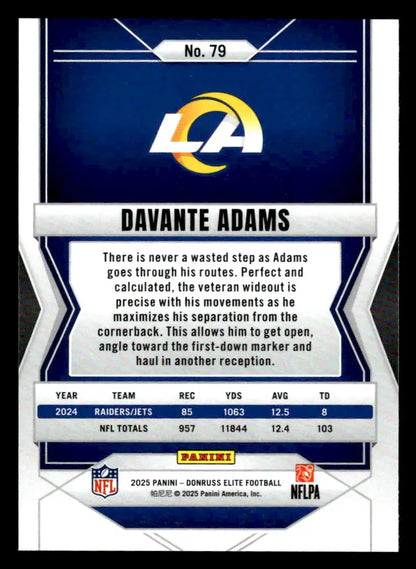 Collectible Davante Adams football card from 2025 Donruss Elite featuring Los Angeles Rams