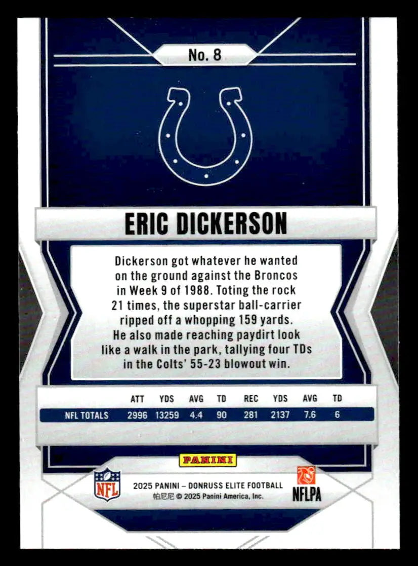 2025 Donruss Elite Eric Dickerson football card featuring Indianapolis Colts player
