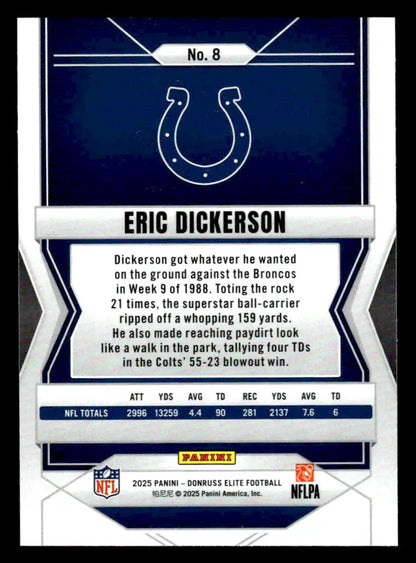 2025 Donruss Elite Eric Dickerson football card featuring Indianapolis Colts player