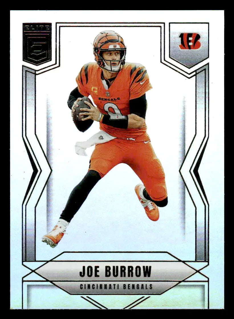 Modern football trading card of Joe Burrow in Cincinnati Bengals orange uniform from Donruss Elite 2025