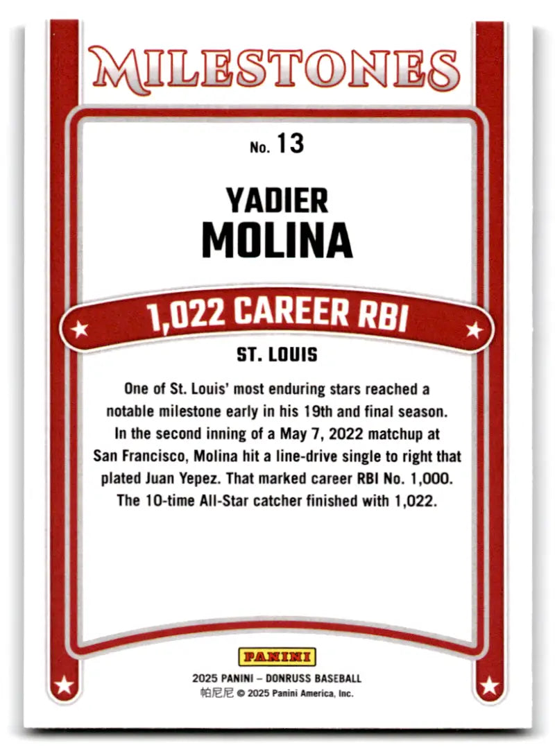 Original gloss of Yadier Molina baseball trading card from Donruss Milestones 2025