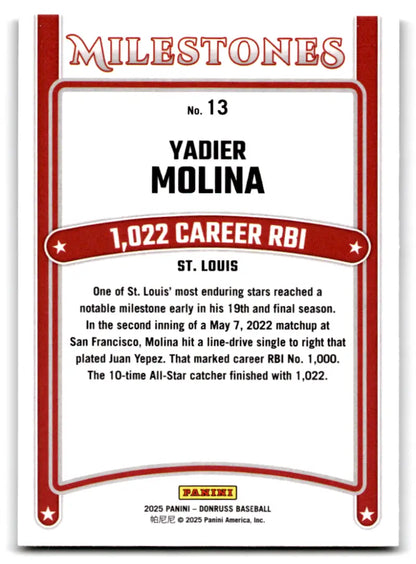 Original gloss of Yadier Molina baseball trading card from Donruss Milestones 2025